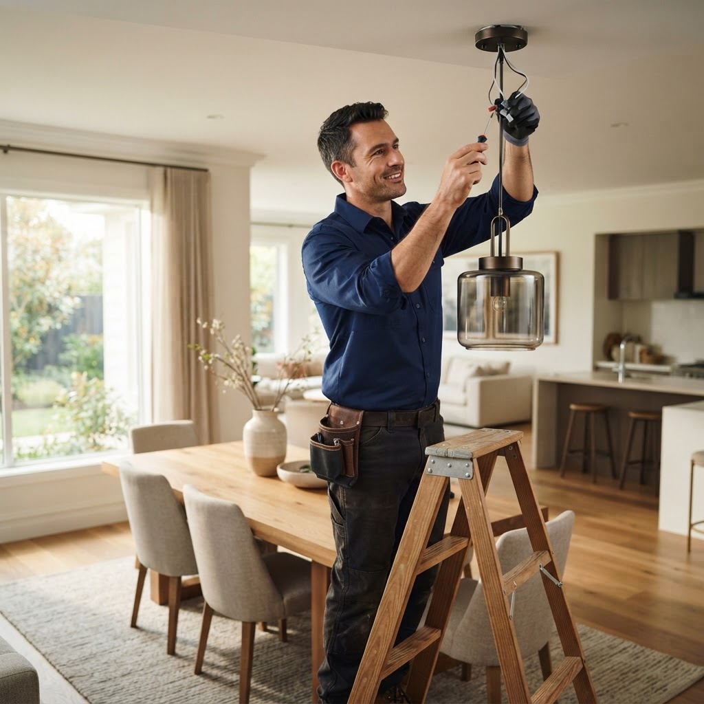 Electrician installing a pendant light in a modern home