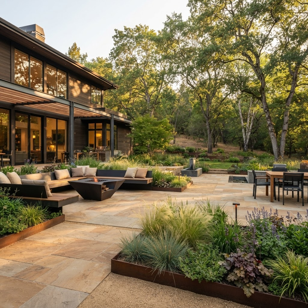 Contemporary landscaped garden and stone patio